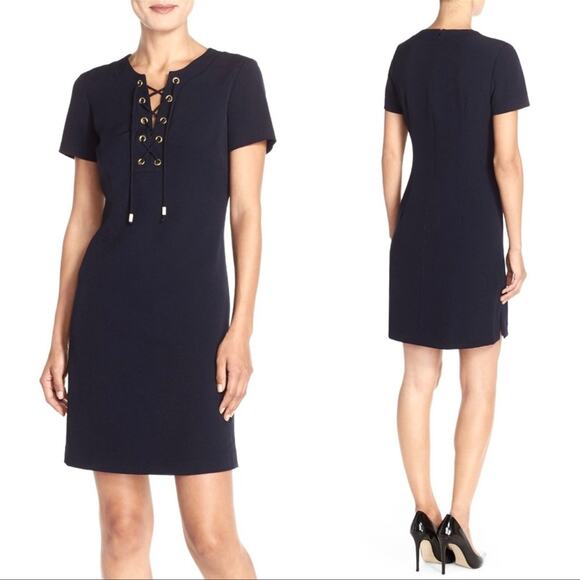 Eliza J Lace Up Grommet Front Shift Dress Size 4 Corpcore Quiet Luxury Old Money